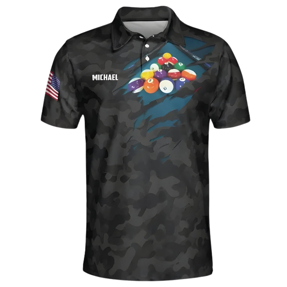 Custom Black Camo Billiard Men Polo Shirt, Custom Camo Billiard Team Shirts BIZ0200
