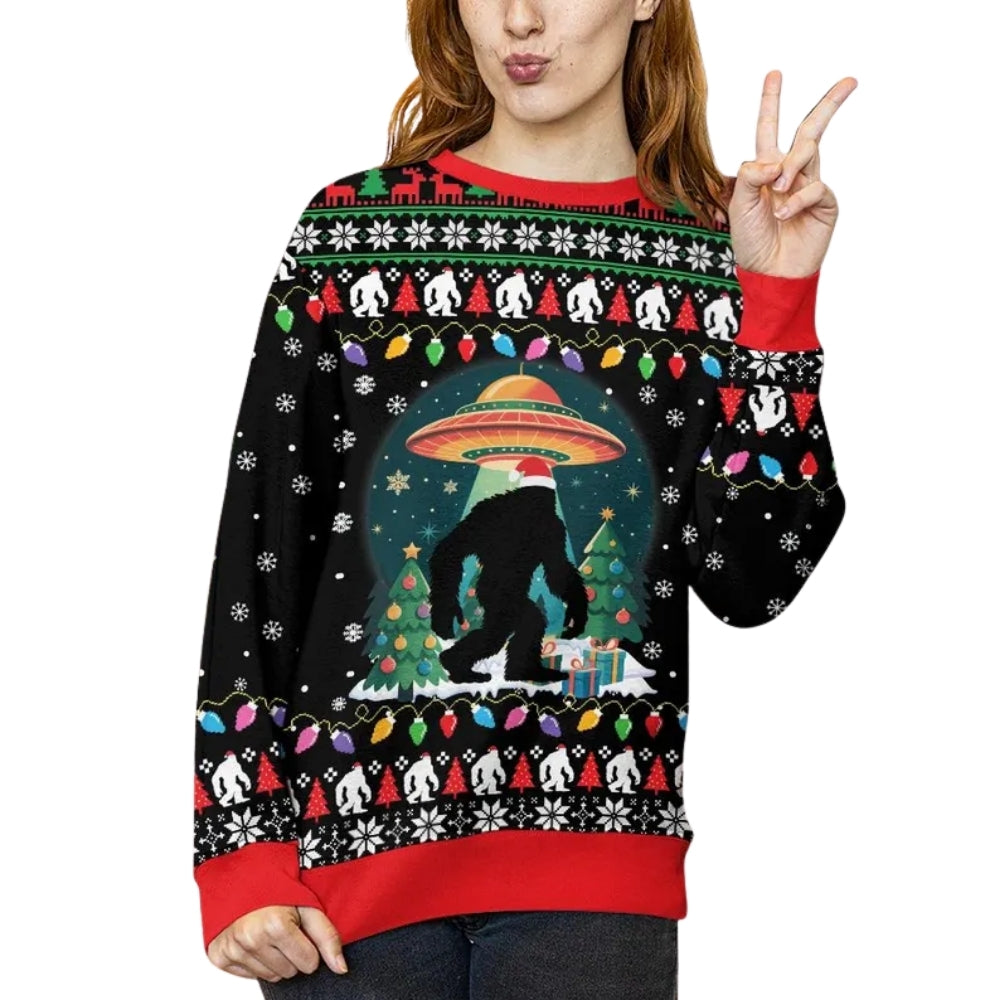Bigfoot UFO Christmas Sweatshirt 3D Pinted, Sasquatch Lover Sweatshirt For Xmas 2D1086