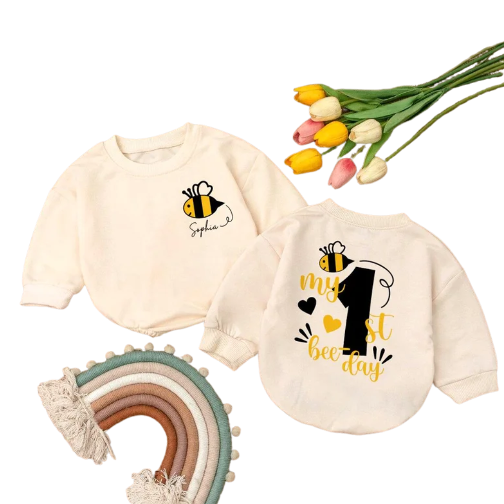 Custom My 1st Bee Day Baby Romper Sweatshirt, Custom Bee First Birthday Romper Sweatshirt For Baby BB0550