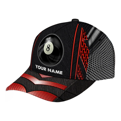 Custom 8 Ball Billiard Baseball 3D Printed Cap, Black And Red Custom Name Billiard Hat CP0487