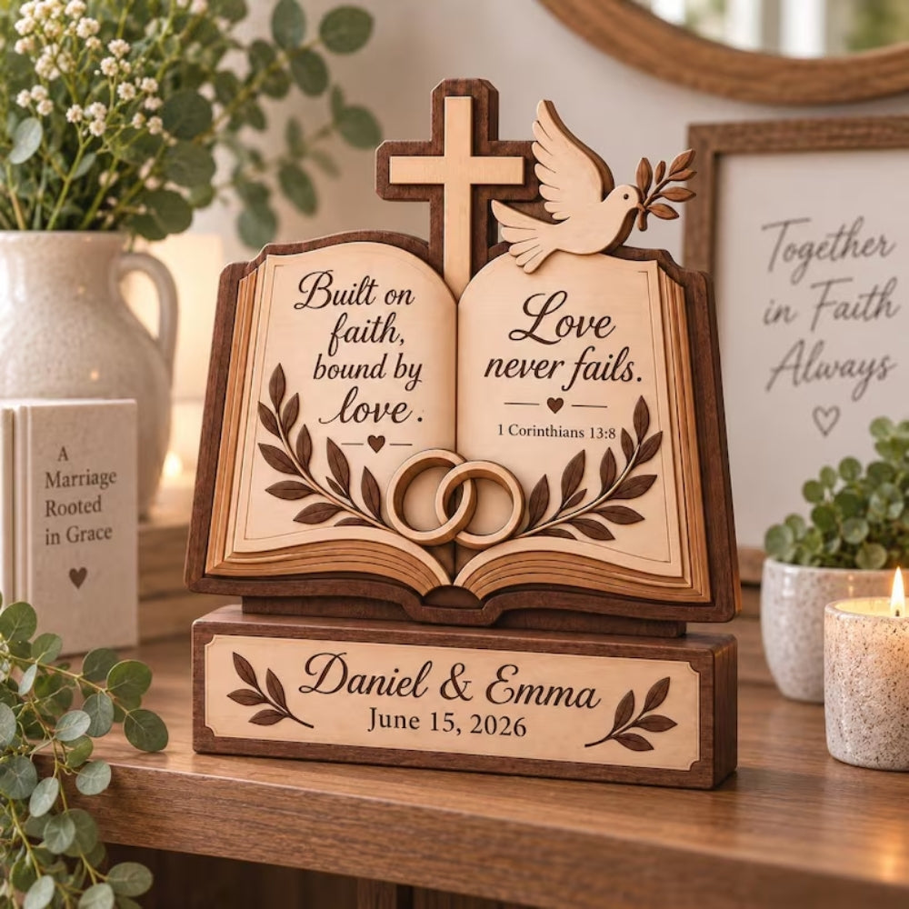Built On Faith Bound By Love Custom Christian Bible Verse Wedding Wooden Plaque, Custom Faith Wedding Wooden Block WD0801