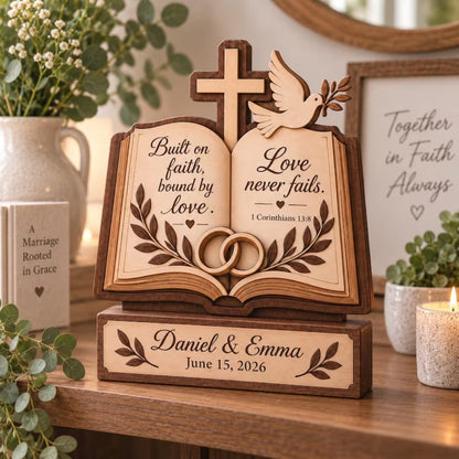 Built On Faith Bound By Love Custom Christian Bible Verse Wedding Wooden Plaque, Custom Faith Wedding Wooden Block WD0801