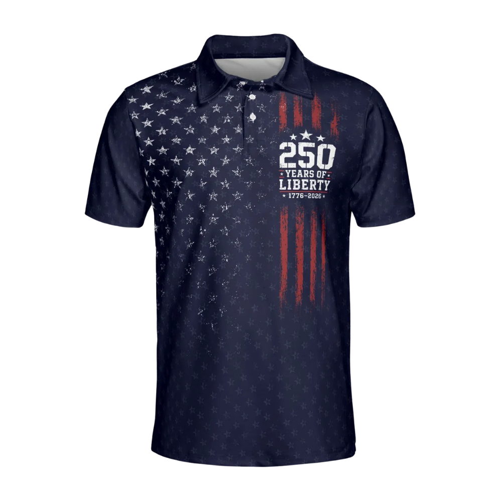 Men's 250 Years Of Liberty 1776-2026 Navy USA Flag Golf Polo Shirt, 4th Of July Golf Shirts GE0538