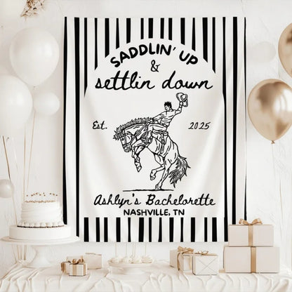 Saddlin' Up and Settling Down Personalized Western Bachelorette Banner, Custom Country Bachelorette Party Sign WD0532