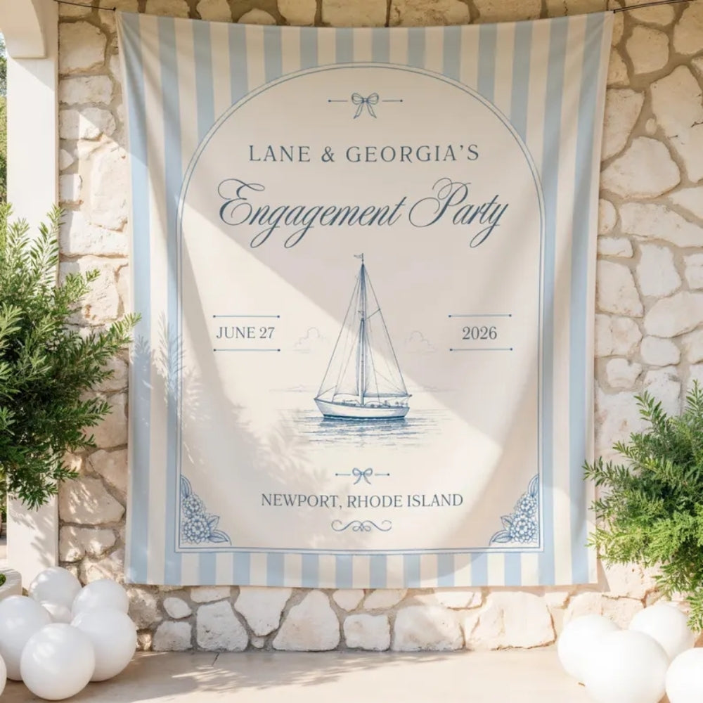 Personalized Engagement Beach Party Banner Blue Stripe, Custom Beach Engagement Banner WD0415