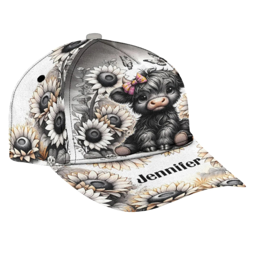 Custom Highland Cow Sunflower Baseball Cap 3D Printed, Custom Highland Cow Cap Hat CP0484