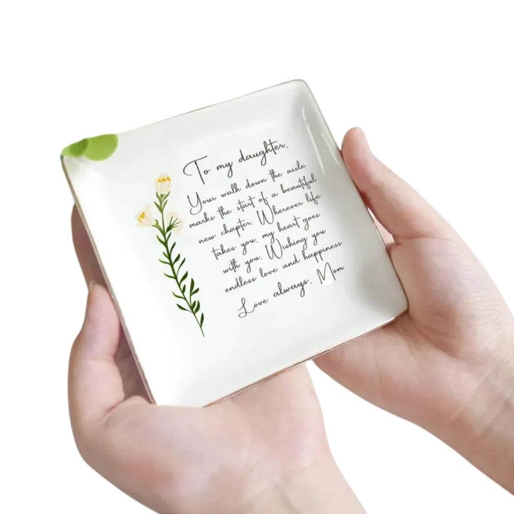 To My Daughter Custom Birth Month Flower Ring Dish On Her Wedding Day, Personalized Wedding Jewelry Dish For Daughter WD0155