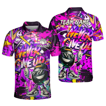 Never Give Up Custom Funny Ball Graffiti Bowling Polo Shirt For Men, Custom Funny Bowling Team Shirts BZ0393
