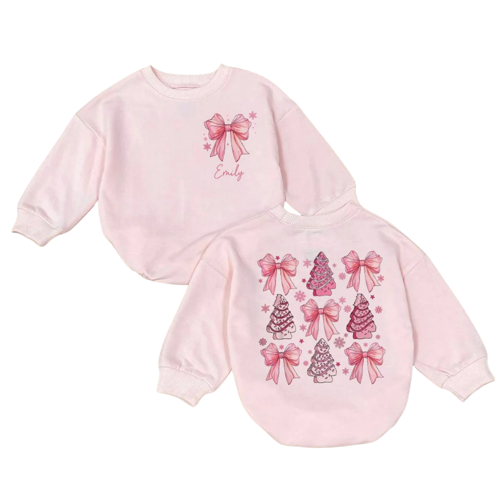 Personalised Pink Coquette Bow Christmas Baby Romper Sweatshirt, Custom Christmas Baby Romper Sweatshirt BB0018