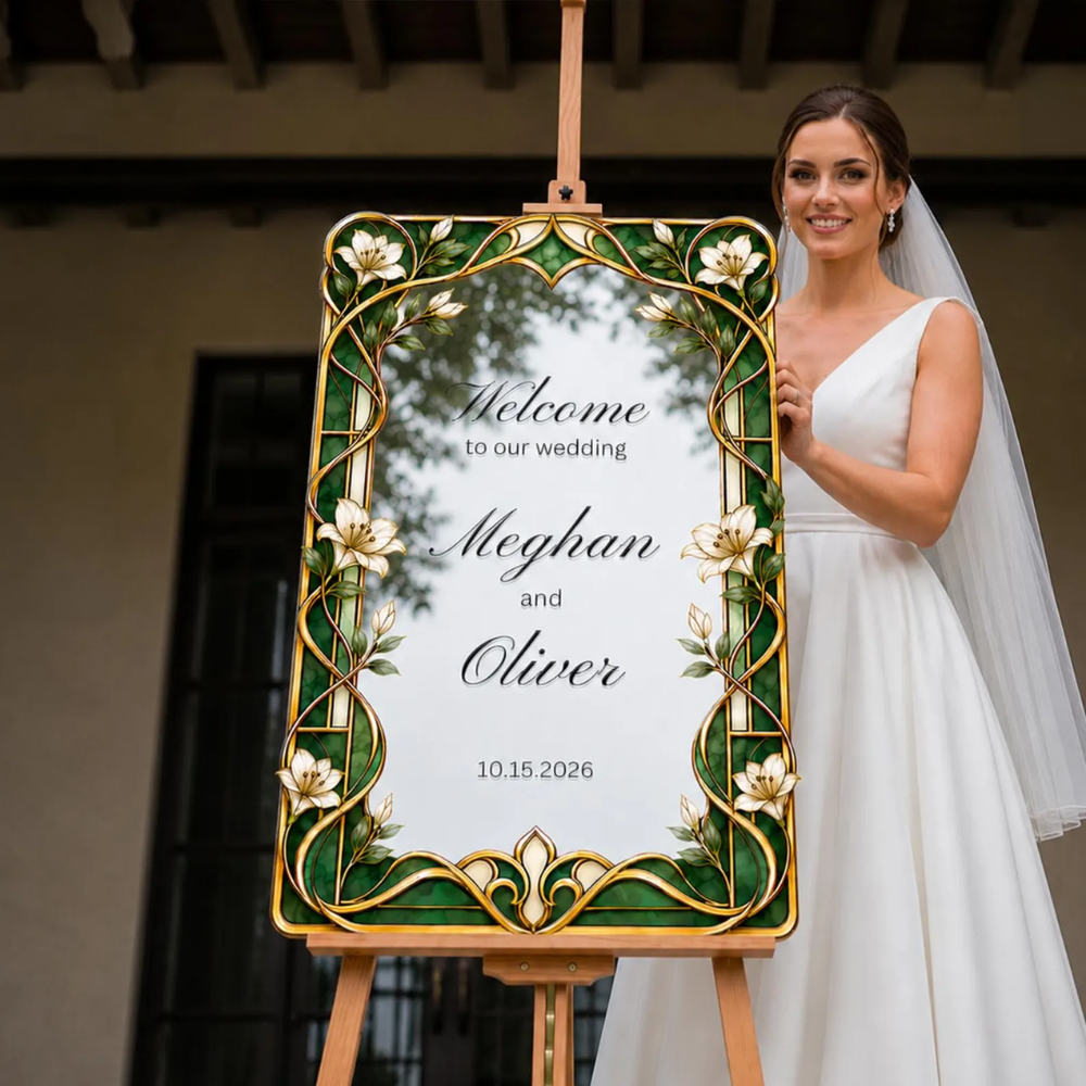 Personalized Emerald Green And Gold Lily Stained Glass Wedding Acrylic Mirror Sign, Custom Floral Stained Glass Sign For Wedding WD0724