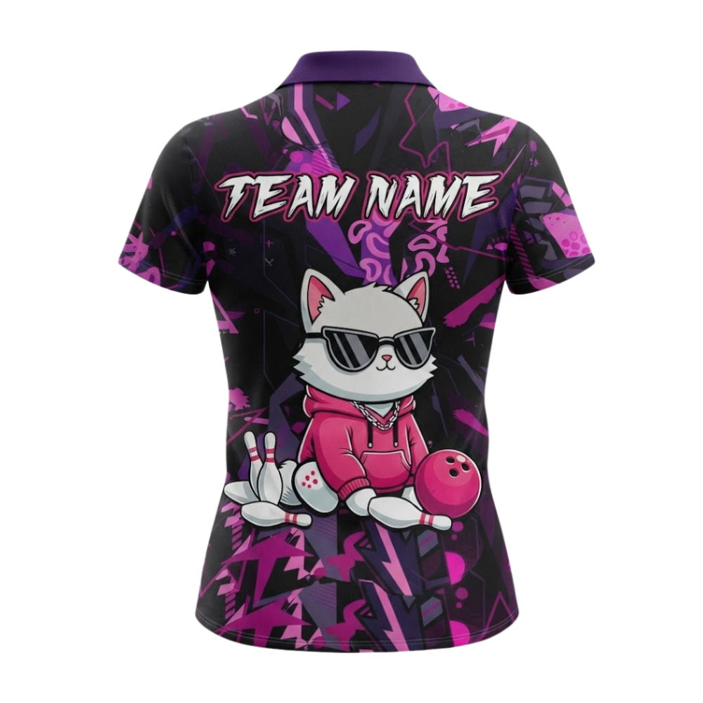 Women's Custom Cat Purple Black Bowling Polo Shirt, Custom Cat Bowling Team Shirts For Ladies BZ0671
