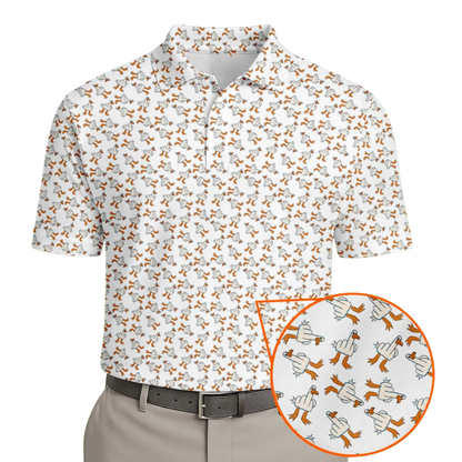 White Funny Duck Pattern Polo Golf Shirts Mens, Duck Golf Shirts GZ0451