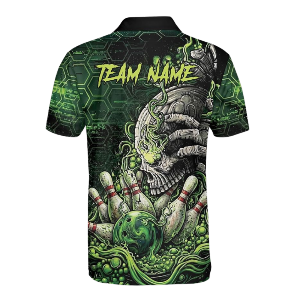 Custom Green Skeleton Bowling Polo Shirt For Men, Custom Skull Bowling Team Shirt BZ0922