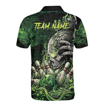 Custom Green Skeleton Bowling Polo Shirt For Men, Custom Skull Bowling Team Shirt BZ0922