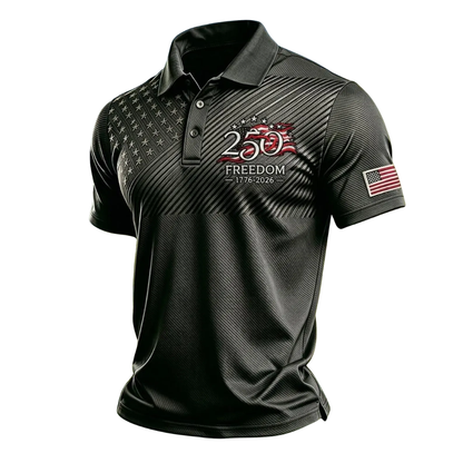 250 Freedom 1776-2026 American Flag Mens Black Golf Polo Shirts, 4th Of July Golf Shirts GE0503