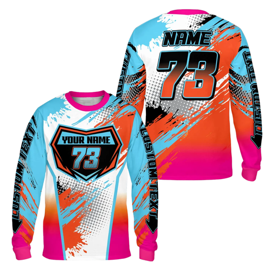 Custom Dirt Bike Racing Blue Pink Long Sleeve Jersey, Custom Name & Number Dirt Bike Shirts ME0056