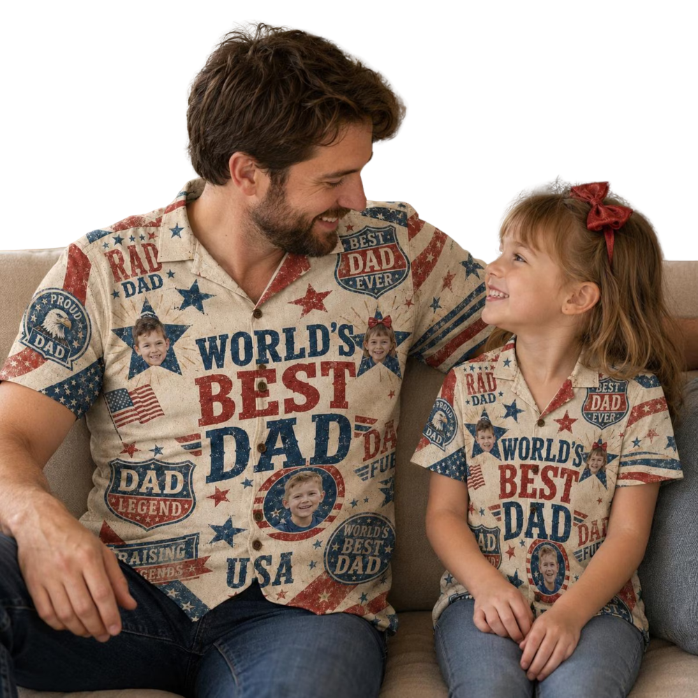 World's Best Dad Vintage USA Flag Custom Kid Face Father Son Hawaiian Shirt, Personalized Photo Matching Family Hawaiian Shirt For Father Dad ET1100