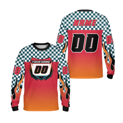 Custom Checkered Gradient Flame Long Sleeve Dirt Bike Jersey For Men, Custom Checkered Dirt Bike Shirts ME0023