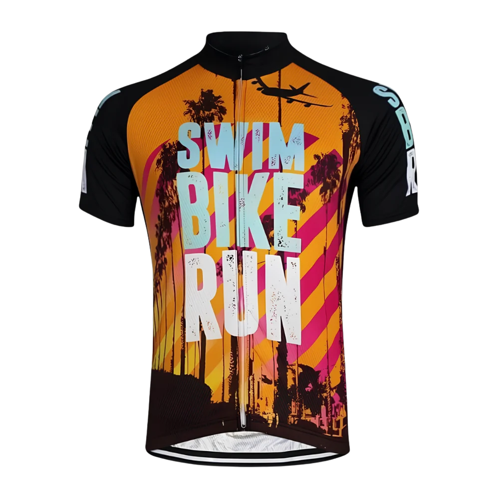 Swim Bike Run Cycling Short Sleeve Jersey For Men, Black Orange Cycling Jersey Shirts  CG0830