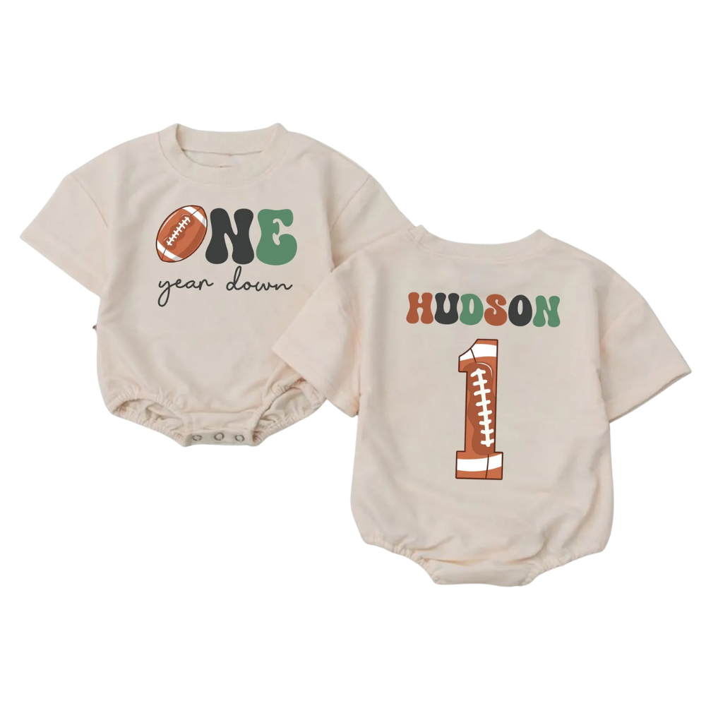 Custom One Year Down Football Baby Tshirt Romper, Custom First Birthday Baby Romper BB0035
