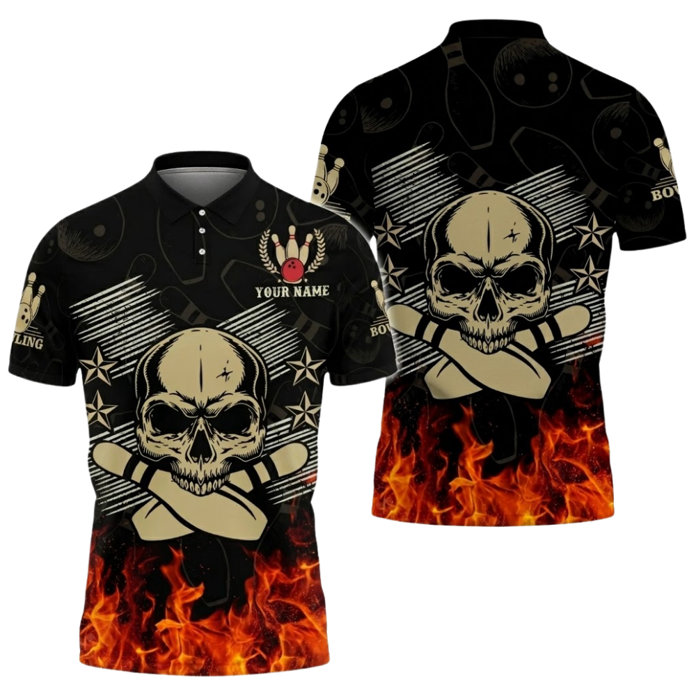 Custom Skull Men's Flame Bowling Polo Shirt, Custom Skull Bowling Shirts With Name BZ0769