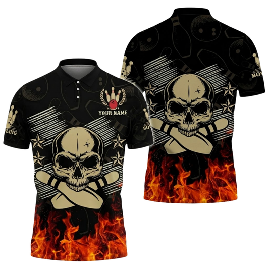 Custom Skull Men's Flame Bowling Polo Shirt, Custom Skull Bowling Shirts With Name BZ0769