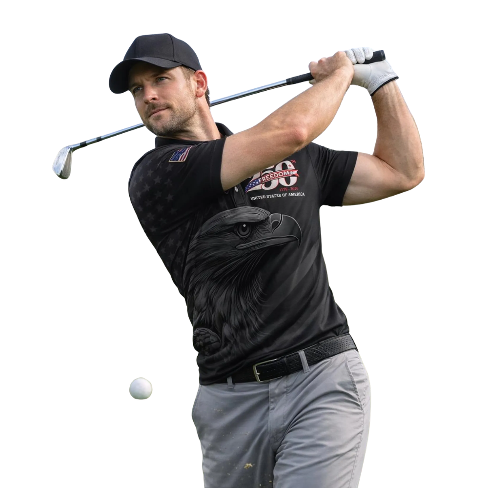 Eagle 250th Anniversary Black Golf Polo Shirt For Men, 4th Of July Eagle Golf Shirts GE0466