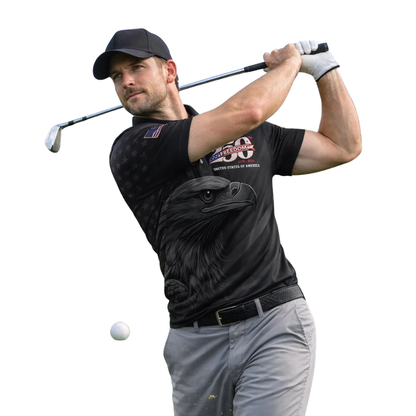 Eagle 250th Anniversary Black Golf Polo Shirt For Men, 4th Of July Eagle Golf Shirts GE0466