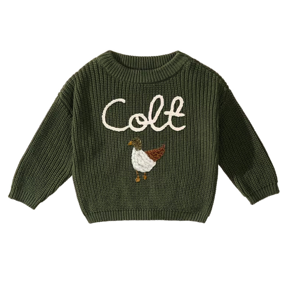 Custom Name Mallard Duck Baby Embroidered Sweater, Personalized Hand Embroidered Duck Sweater For Baby BB0122
