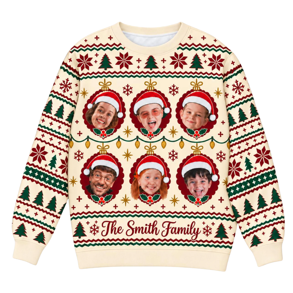 Family Faces Custom Photo Ugly Christmas Sweatshirt, Personalized Family Matching Ugly Xmas Sweater 2D1172