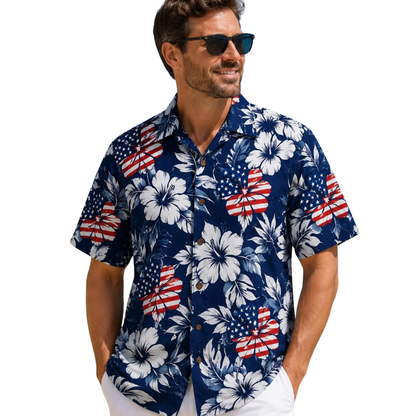 Hibiscus American Flag Hawaiian Shirt For Men Women, Tropical 4th Of July Hawaiian Shirts HE0389
