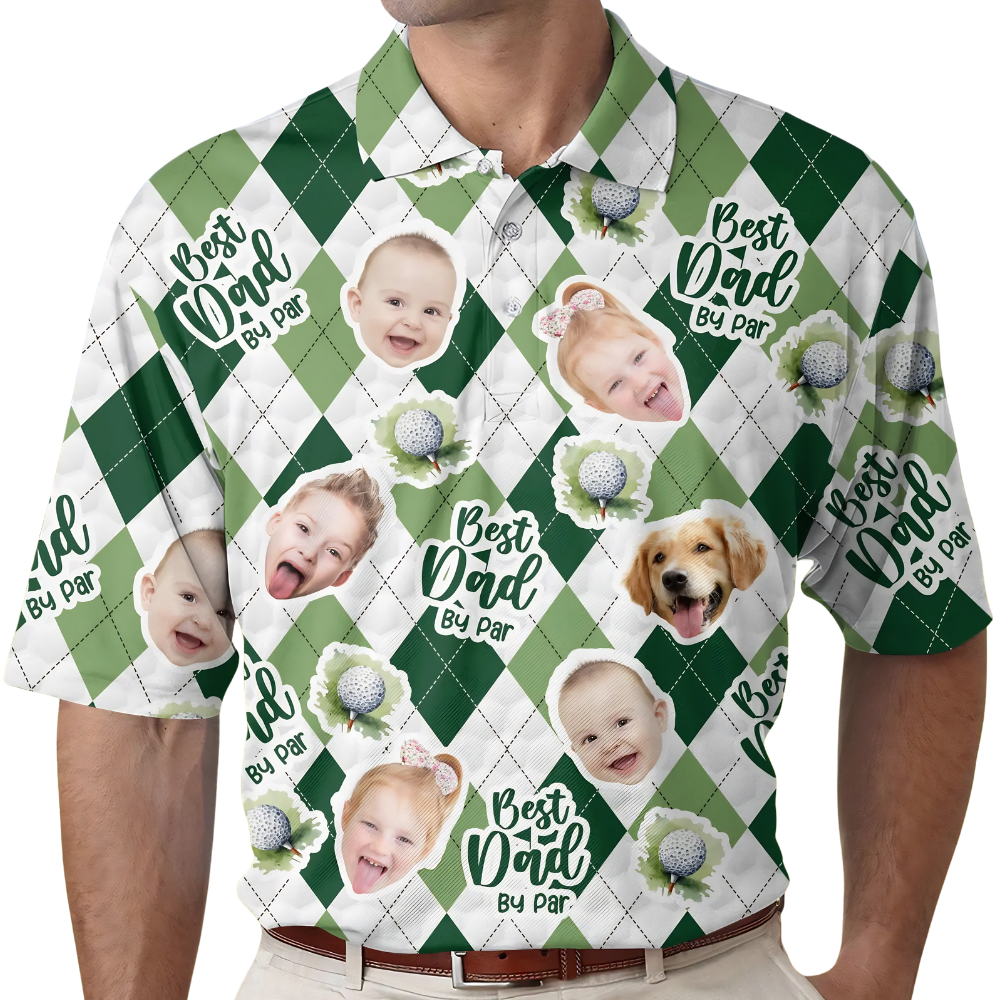 Best Dad By Par Custom Kid And Pet Faces Argyle Golf Polo Shirt Men, Custom Father's Day Golf Shirt For Dad With Phot GE0450