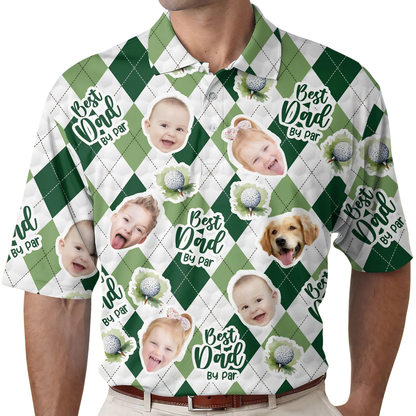 Best Dad By Par Custom Kid And Pet Faces Argyle Golf Polo Shirt Men, Custom Father's Day Golf Shirt For Dad With Phot GE0450