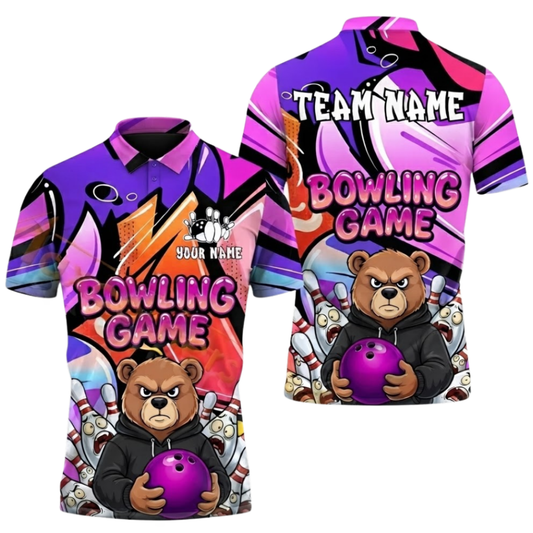 Custom Bear Graffiti Mens Purple Bowling Polo Shirt, Custom Bear Bowling Team Shirts BZ0640
