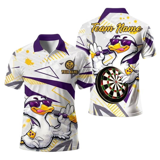 Custom Duck Funny Men's White Purple Darts Polo Shirt, Custom Duck Team Dart Shirts DE0106