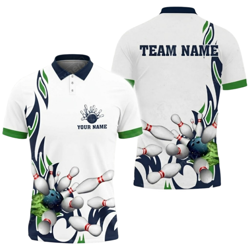 Custom Flame Cyan White Bowling Polo Shirt Men, Custom Team Bowling Shirts BZ0652