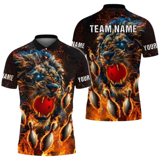 Lion Fire Ball Custom Bowling Mens Polo Shirt, Custom Lion Bowling Shirts Team BZ0688