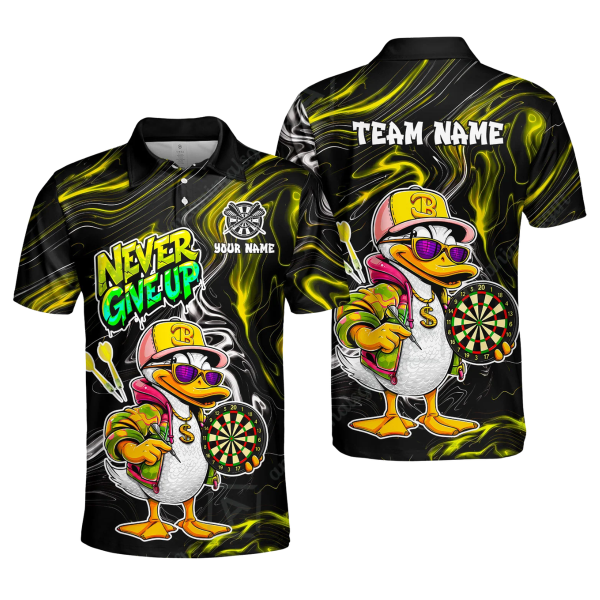 Never Give Up Custom Funny Duck Dart Polo Shirt Mens, Custom Duck Darts Team Shirt DZ0184