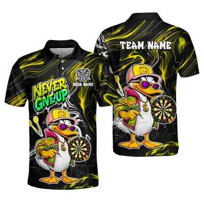 Never Give Up Custom Funny Duck Dart Polo Shirt Mens, Custom Duck Darts Team Shirt DZ0184