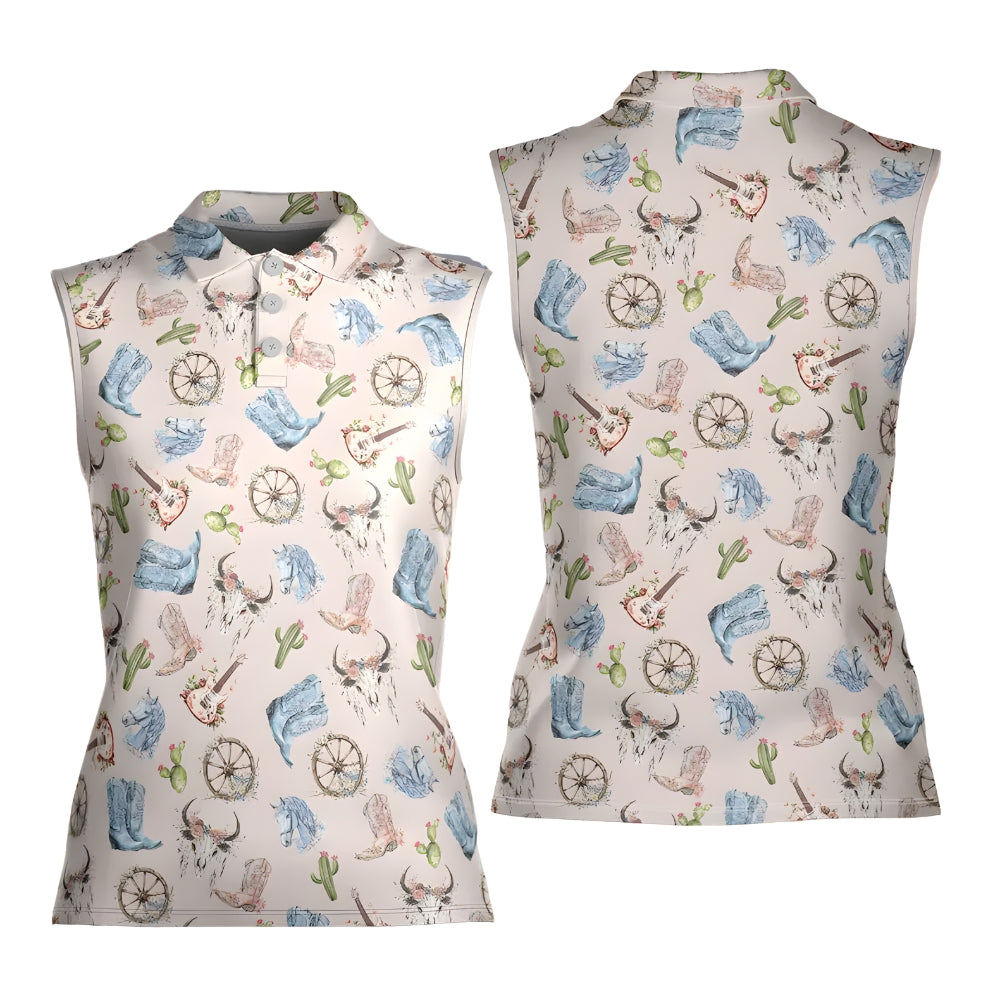 Women's Cowgirl Cactus Gols Sleeveless, Western Golf Shirts For Ladies GE0253