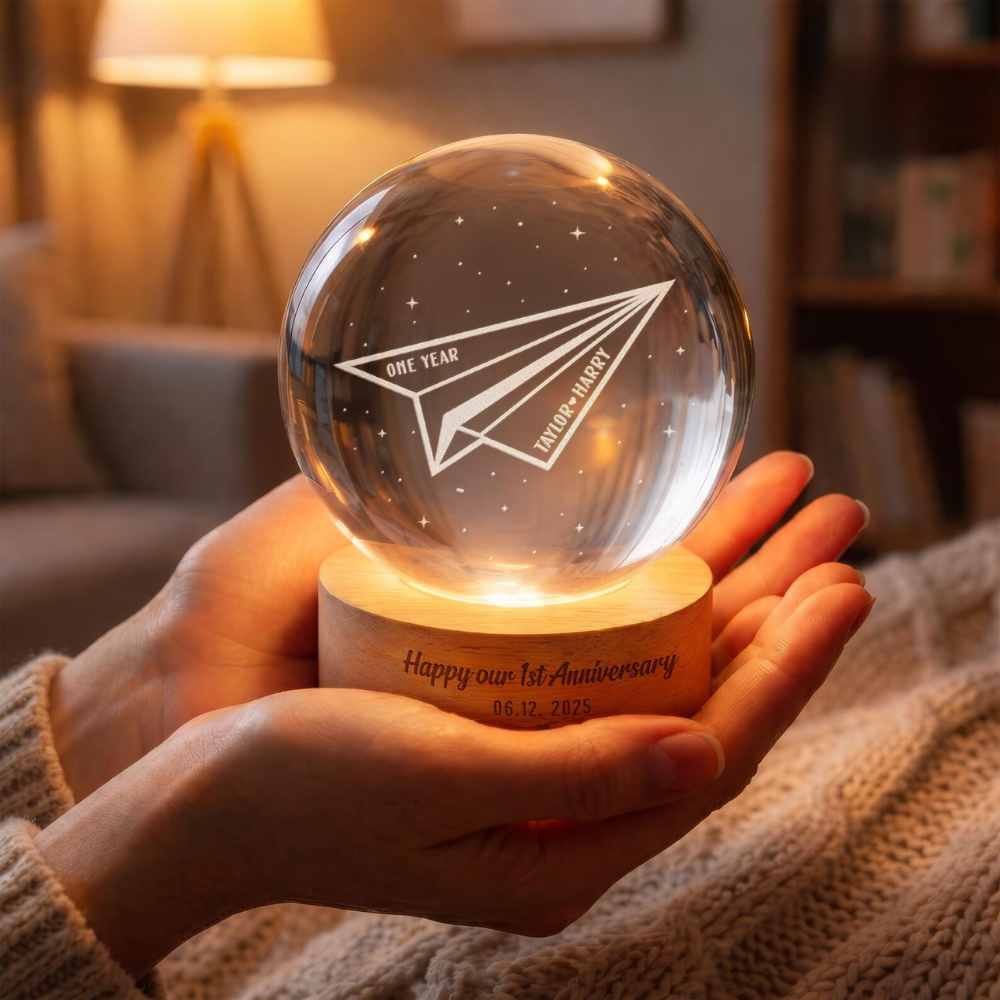Paper Airplane Custom 1st Anniversary Crystal Ball Led Night Light With Couple Name, Custom One Year Wedding Night Light WD0846