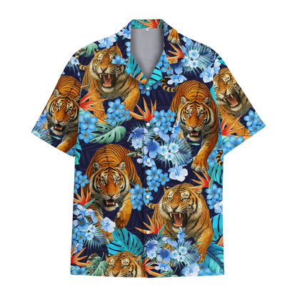 Tiger Blue Floral Hawaiian Shirt For Men, Tiger Hawaiian Shirts HE0555