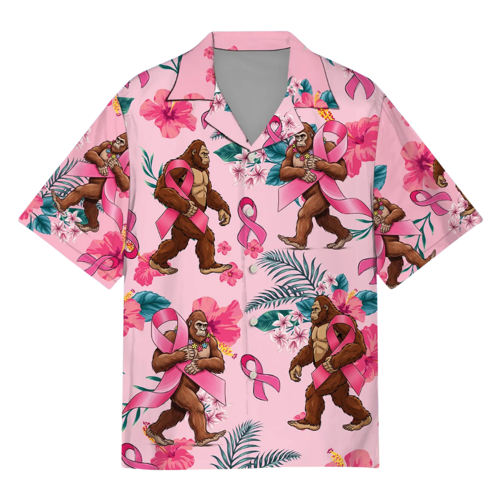 Bigfoot Pink Ribbon Hawaiian Shirt For Men Women, Bigfoot Breast Cancer Awareness Hawaiian Shirts HE0578