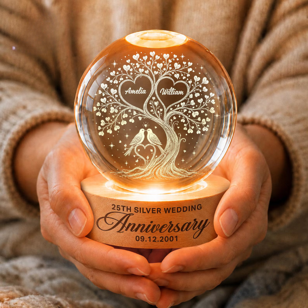 20th Wedding Anniversary Custom Tree Couple Crystal Ball Led Night Light, Custom Silver Anniversary Night Light WD0840