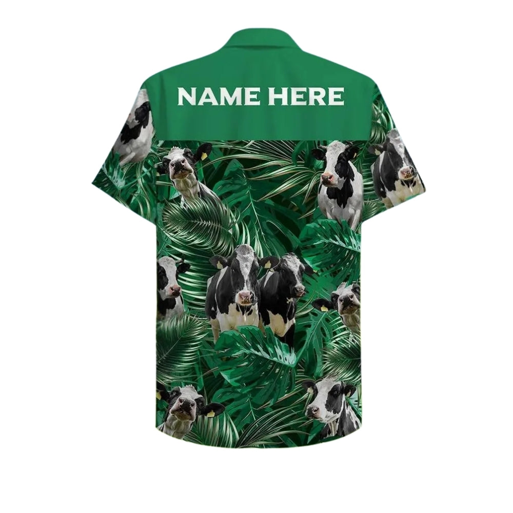 Custom Name Holstein Friesian Cow Tropical Green Hawaiian Shirt Men Women, Custom Cow Hawaiian Shirt For Farmer HE0481