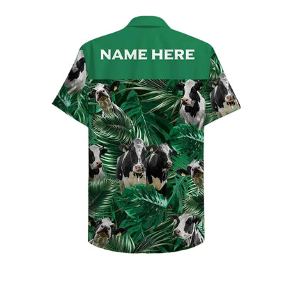 Custom Name Holstein Friesian Cow Tropical Green Hawaiian Shirt Men Women, Custom Cow Hawaiian Shirt For Farmer HE0481