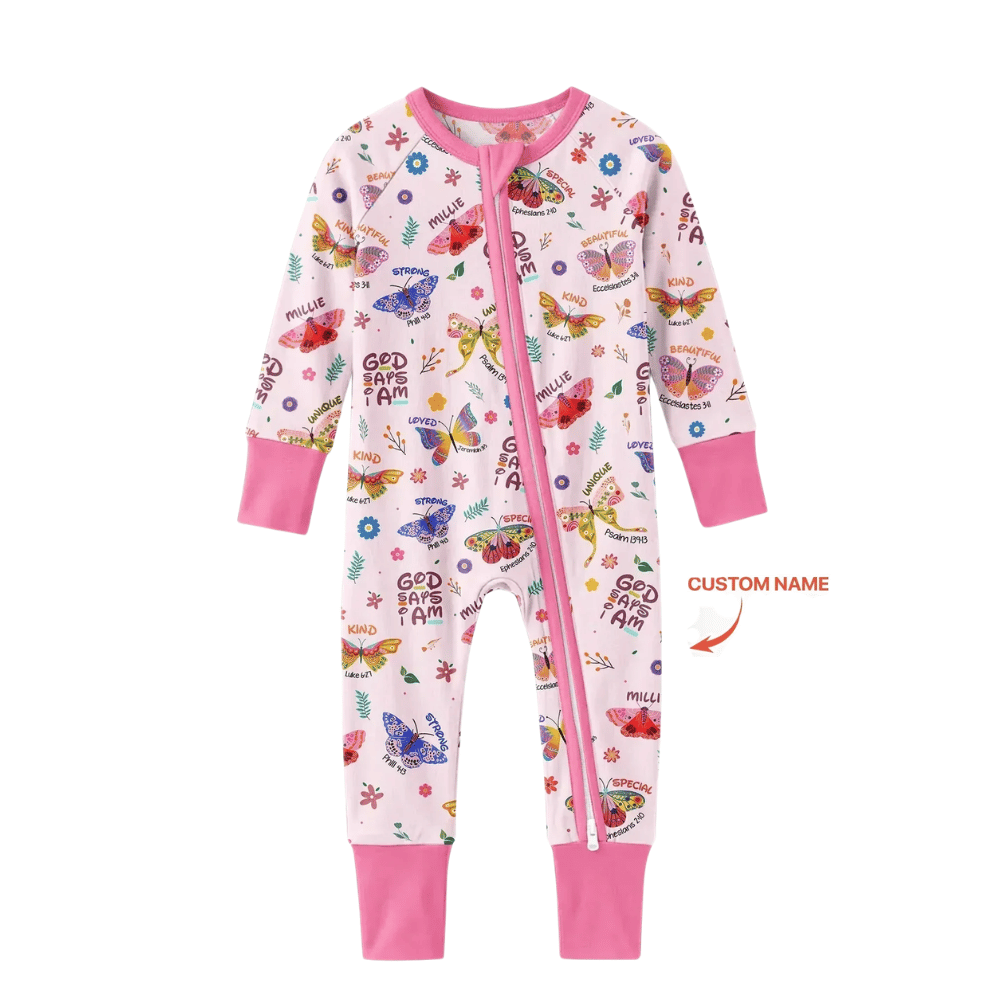 God Says I Am Custom Butterflies Baby Convertible Zippy Romper, Custom Christian Faith Baby Romper Convertible BB0950