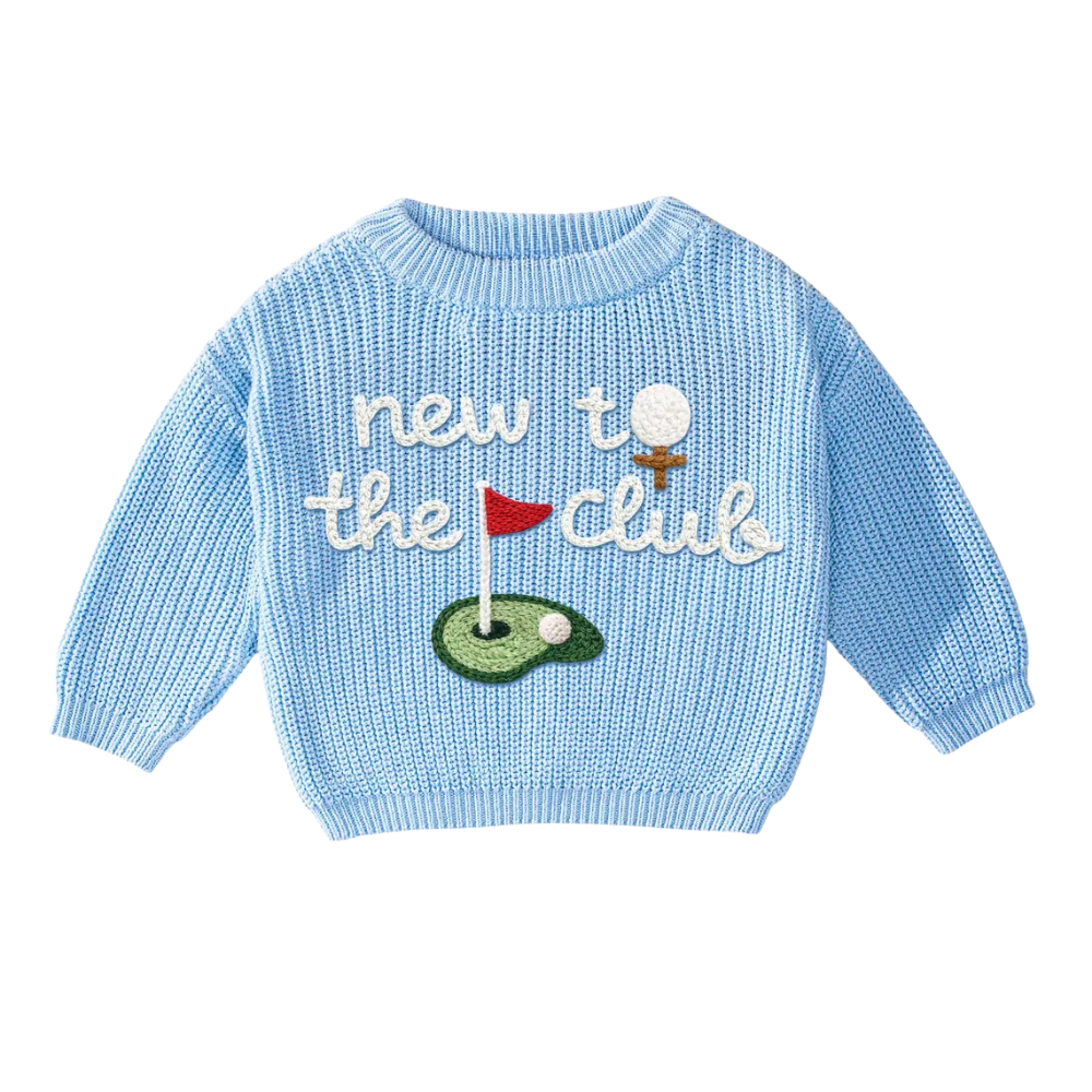 New To The Club Golf Baby Embroidered Knit Sweater, Golf Knit Sweatshirt For Baby BB0124