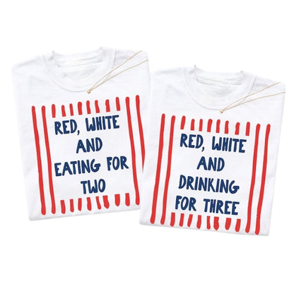 Red White And Eating For Two Red White And Drinking For Three Matching Shirts For His And Her, Funny Pregnancy Announcement Couple Shirts For 4th Of July ET0908