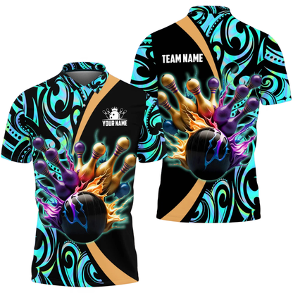 Custom Cyan Tribal Gold Pins Bowling Polo Shirt For Men, Custom Tribal Bowling Team Shirts BZ0803
